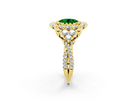 Yellow gold Round Cut Emerald Halo Ring with Pavé Band and Four-Prong Setting_14