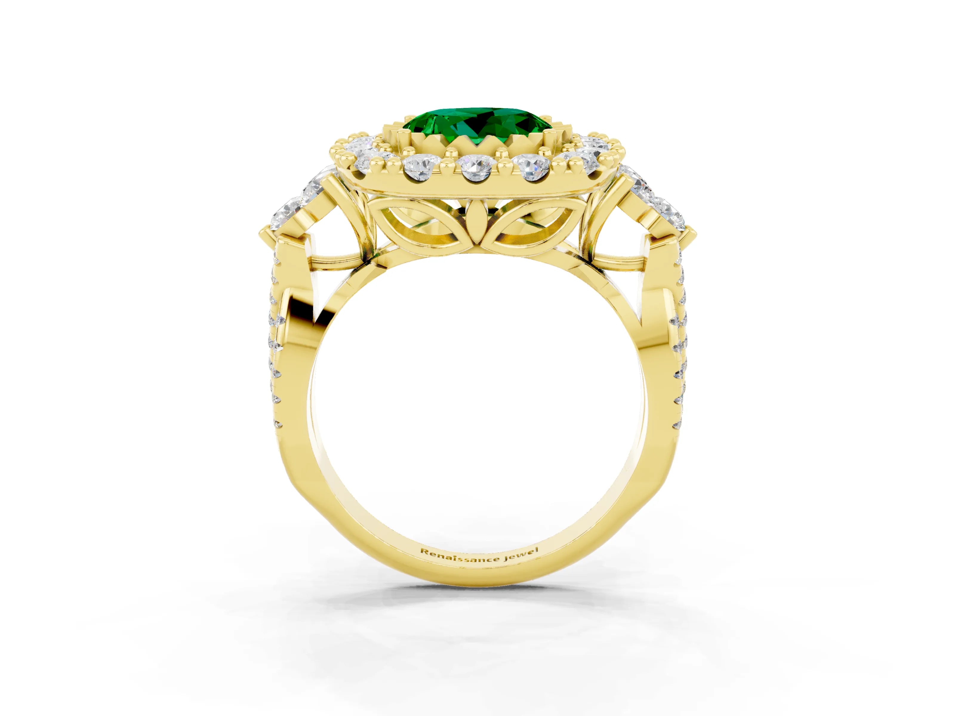 Yellow gold Round Cut Emerald Halo Ring with Pavé Band and Four-Prong Setting_15