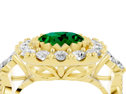 Yellow gold Round Cut Emerald Halo Ring with Pavé Band and Four-Prong Setting_16