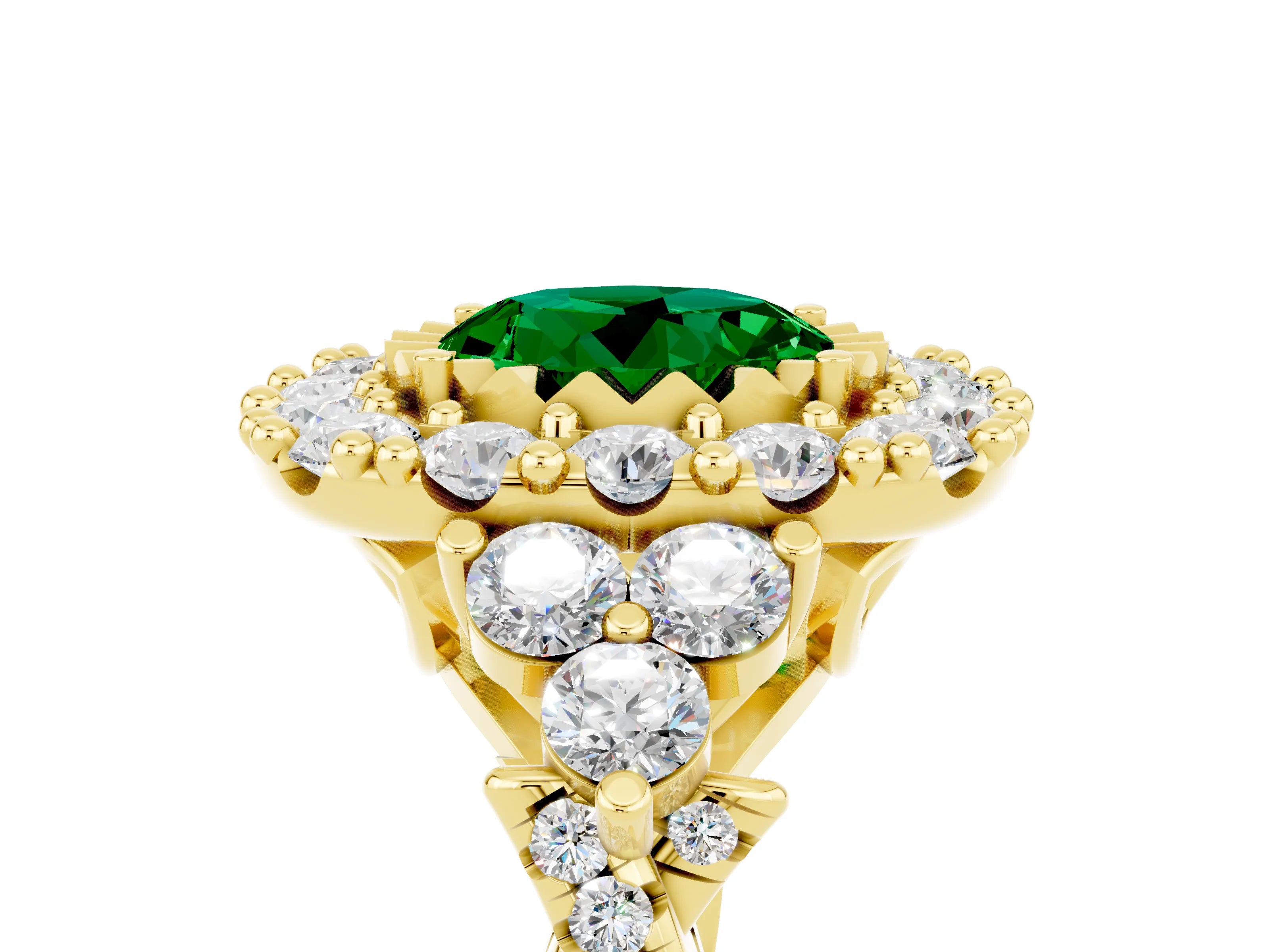 Yellow gold Round Cut Emerald Halo Ring with Pavé Band and Four-Prong Setting_17