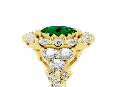 Yellow gold Round Cut Emerald Halo Ring with Pavé Band and Four-Prong Setting_17