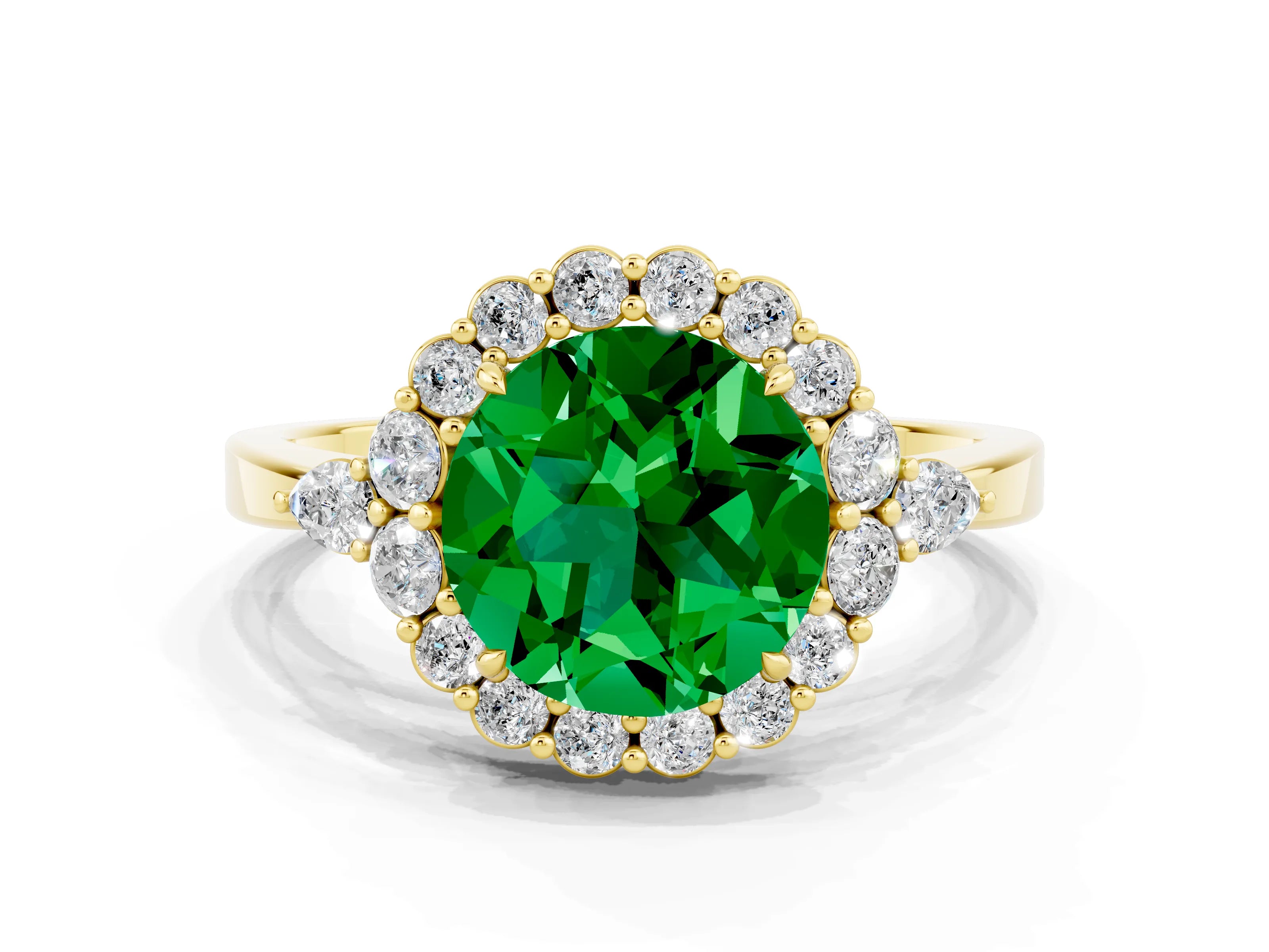 Yellow gold Round Cut Emerald Halo Ring with Pear Side Stones and Prong Setting_12