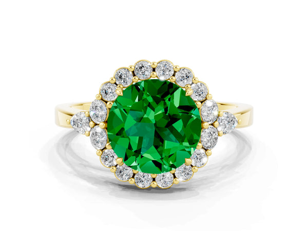 Yellow gold Round Cut Emerald Halo Ring with Pear Side Stones and Prong Setting