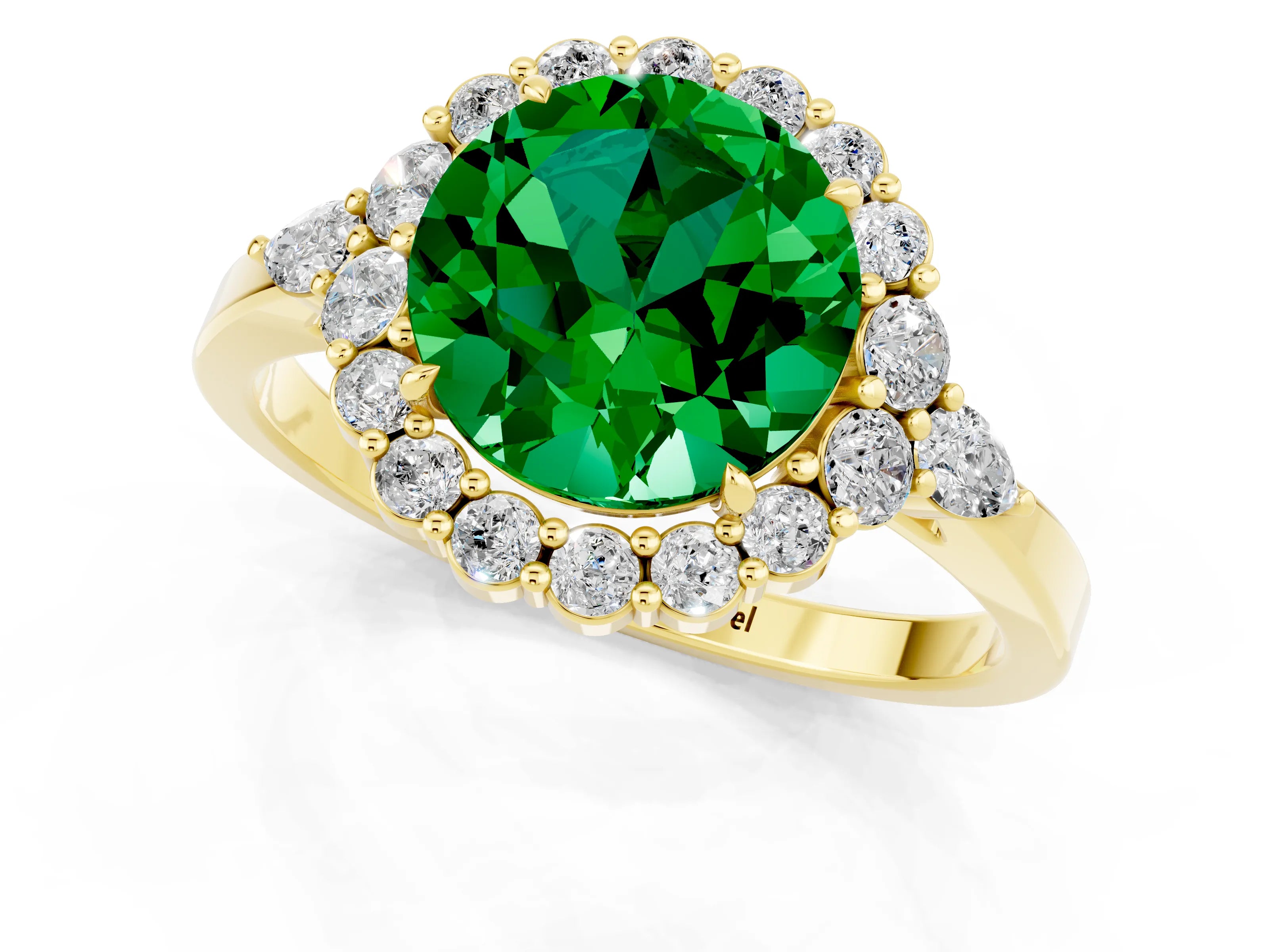 Yellow gold Round Cut Emerald Halo Ring with Pear Side Stones and Prong Setting_13