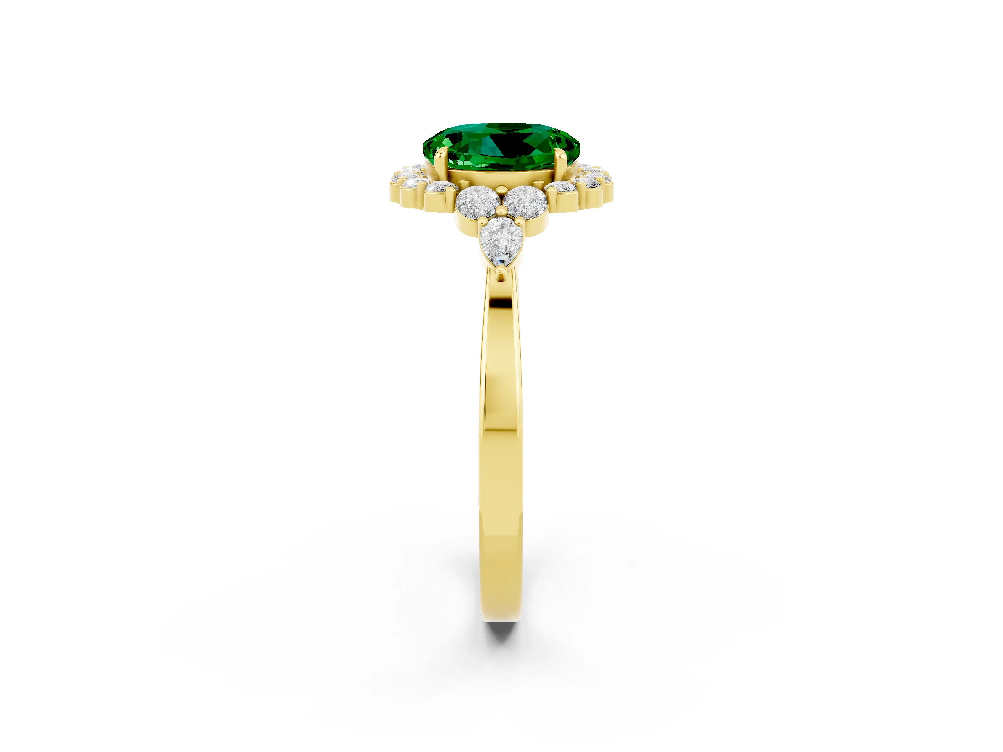 Yellow gold Round Cut Emerald Halo Ring with Pear Side Stones and Prong Setting_14