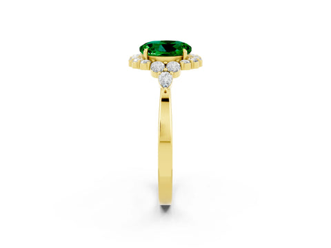 Yellow gold Round Cut Emerald Halo Ring with Pear Side Stones and Prong Setting_14
