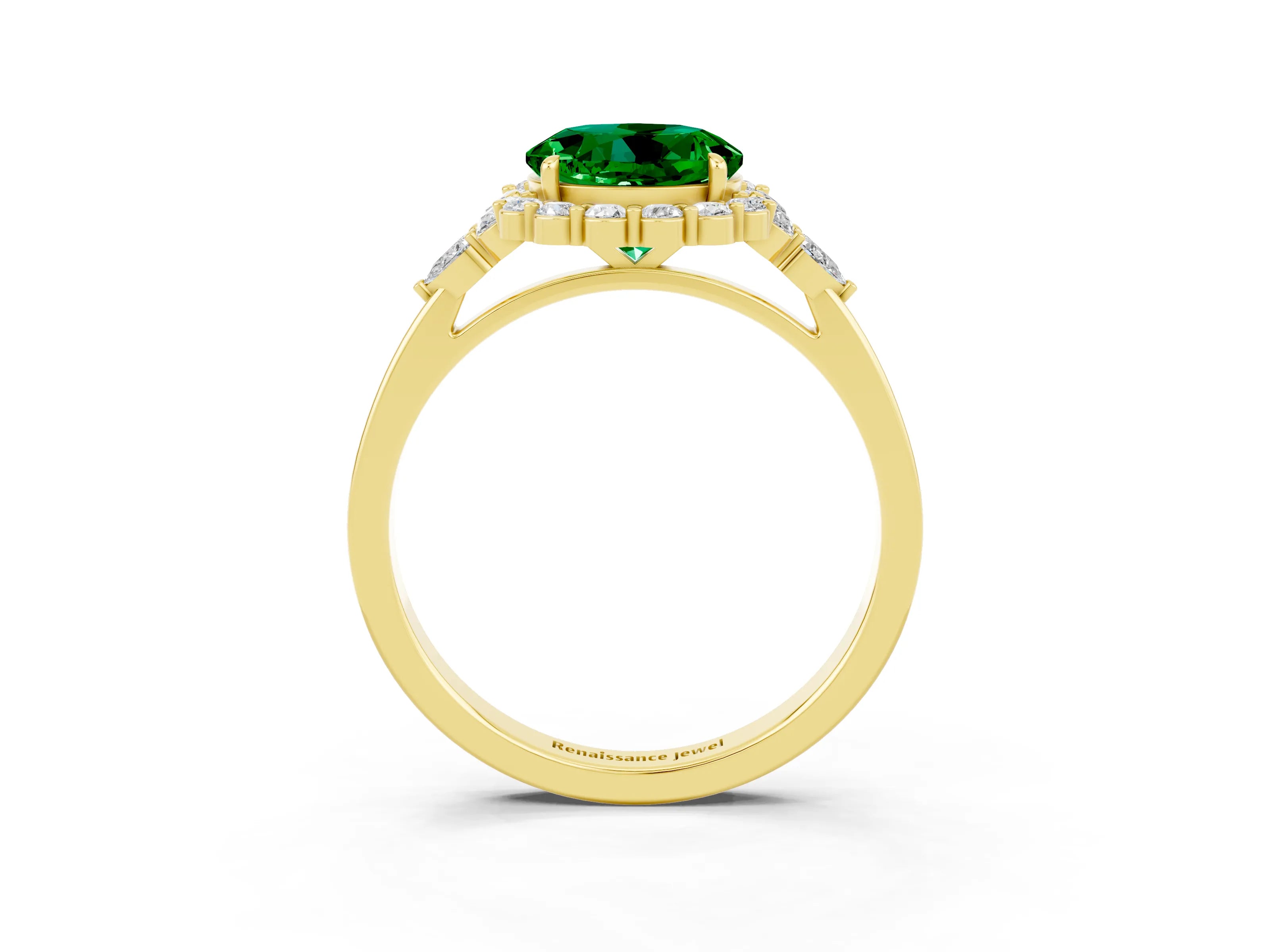 Yellow gold Round Cut Emerald Halo Ring with Pear Side Stones and Prong Setting_15