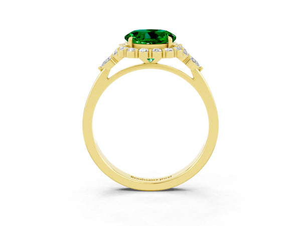 Yellow gold Round Cut Emerald Halo Ring with Pear Side Stones and Prong Setting