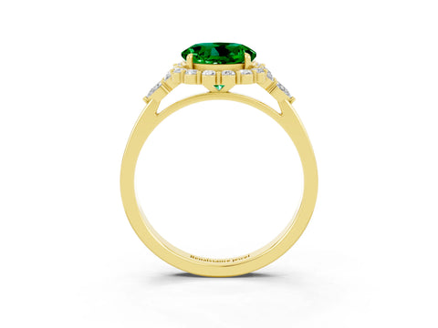 Yellow gold Round Cut Emerald Halo Ring with Pear Side Stones and Prong Setting_15