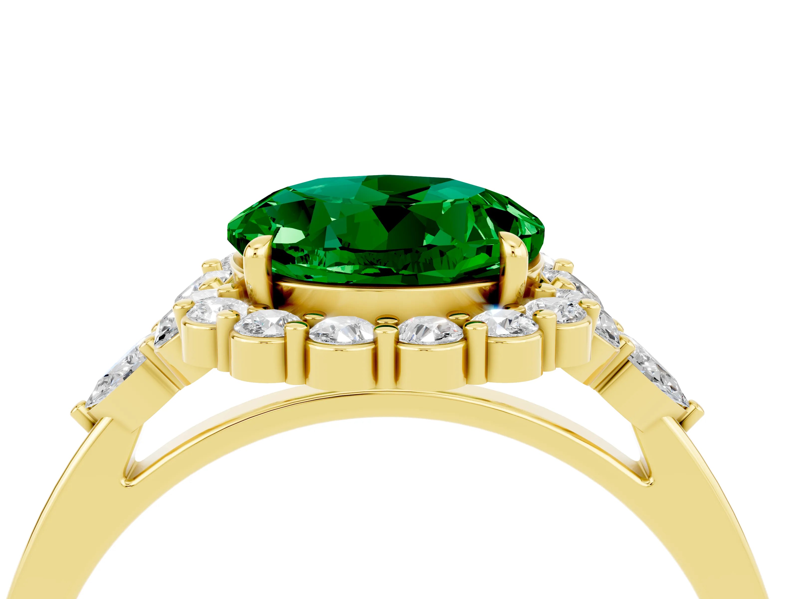 Yellow gold Round Cut Emerald Halo Ring with Pear Side Stones and Prong Setting_16