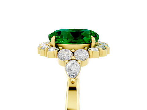 Yellow gold Round Cut Emerald Halo Ring with Pear Side Stones and Prong Setting_17