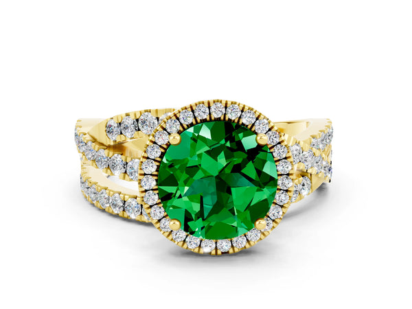 Yellow gold Round Cut Emerald Halo Ring with Round Split Shank and Prong Setting