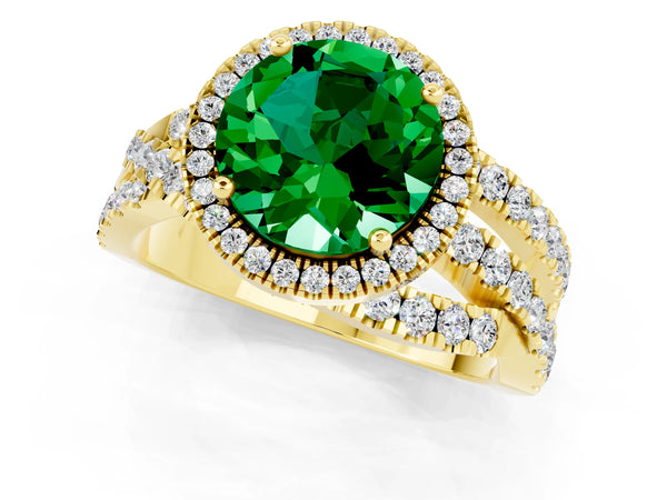 Yellow gold Round Cut Emerald Halo Ring with Round Split Shank and Prong Setting