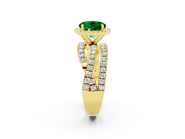 Yellow gold Round Cut Emerald Halo Ring with Round Split Shank and Prong Setting