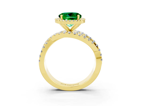Yellow gold Round Cut Emerald Halo Ring with Round Split Shank and Prong Setting