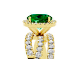 Yellow gold Round Cut Emerald Halo Ring with Round Split Shank and Prong Setting_53