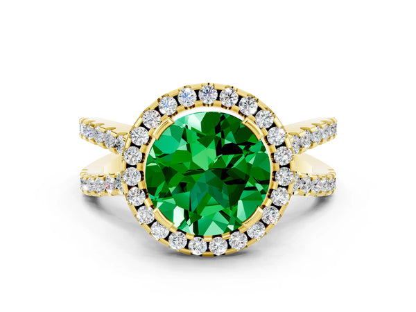 Yellow gold Round Cut Emerald Halo Ring with Split Shank Pavé Band and Prong Setting