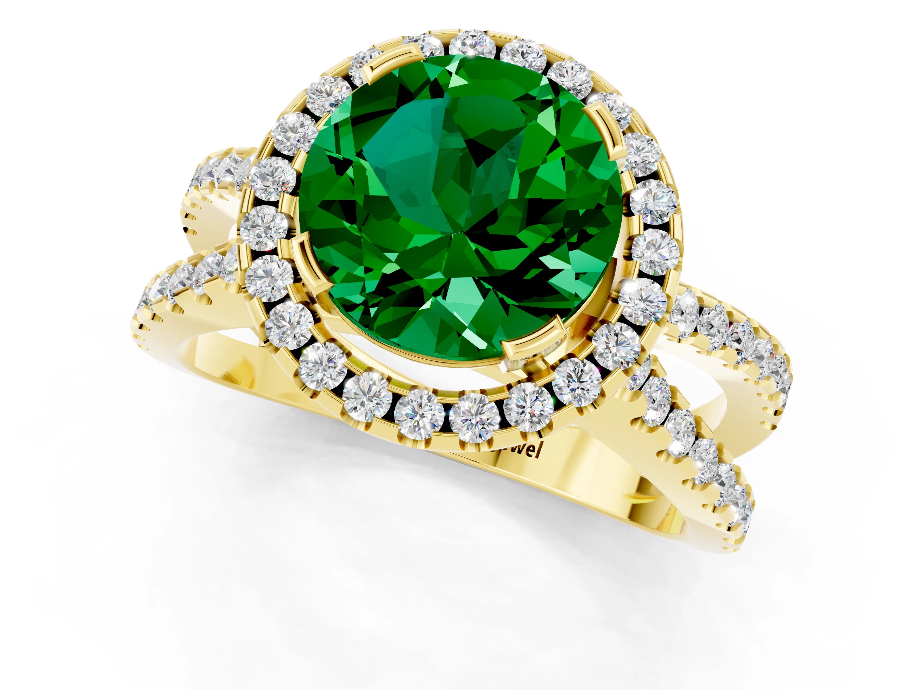 Yellow gold Round Cut Emerald Halo Ring with Split Shank Pavé Band and Prong Setting_1