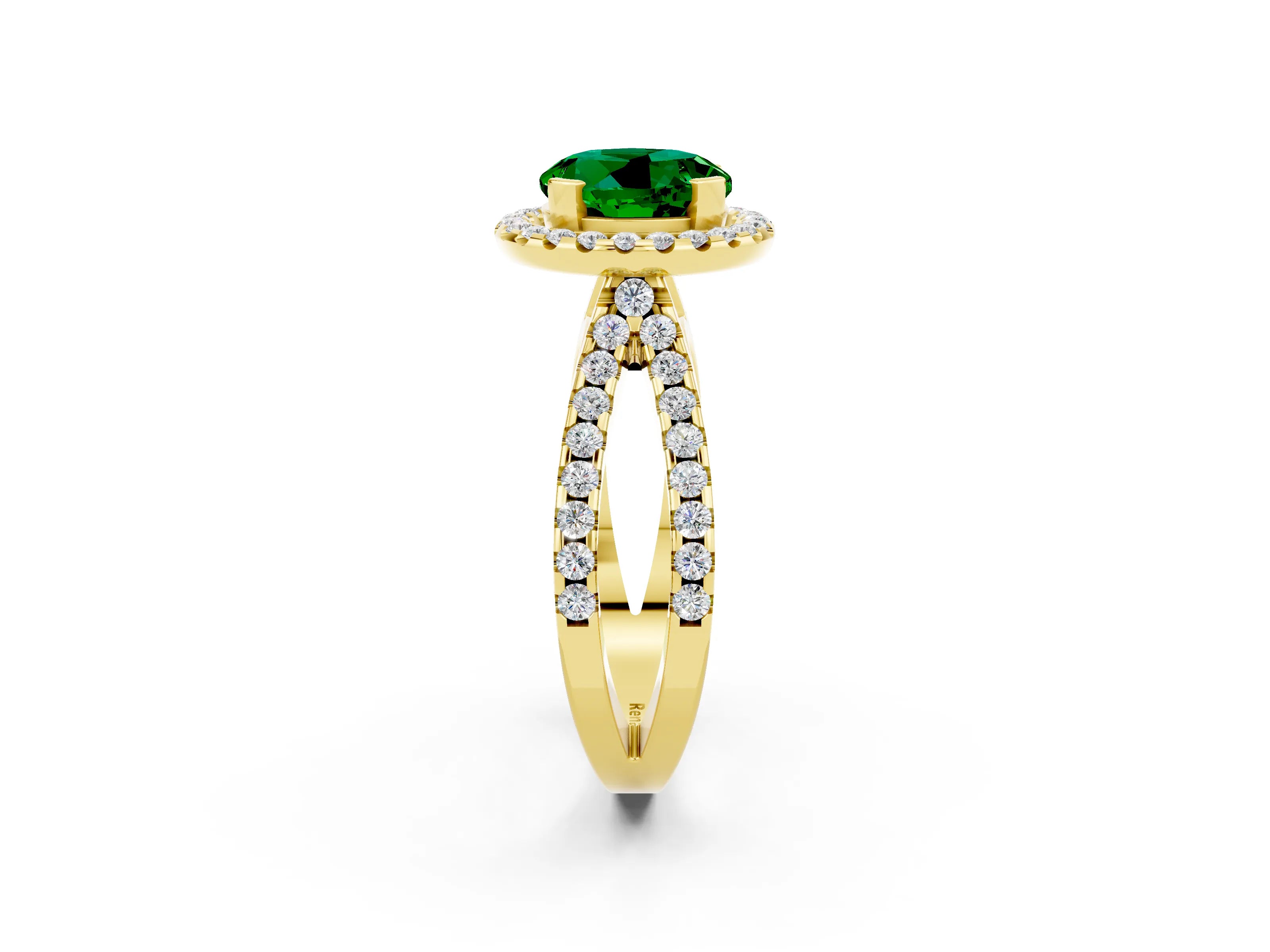 Yellow gold Round Cut Emerald Halo Ring with Split Shank Pavé Band and Prong Setting_2