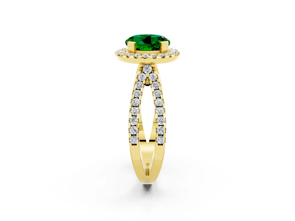 Yellow gold Round Cut Emerald Halo Ring with Split Shank Pavé Band and Prong Setting