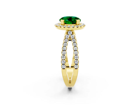 Yellow gold Round Cut Emerald Halo Ring with Split Shank Pavé Band and Prong Setting_2