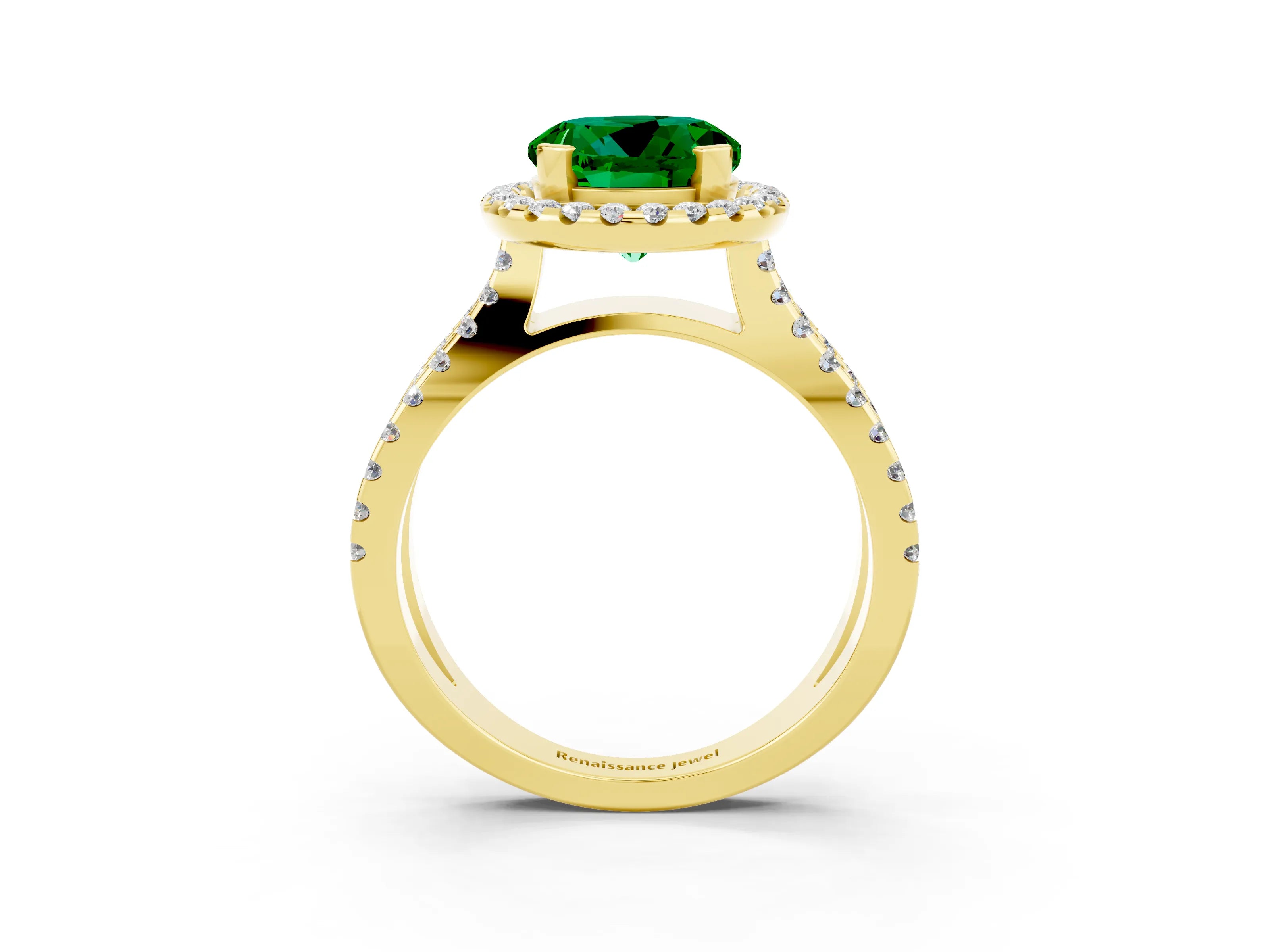 Yellow gold Round Cut Emerald Halo Ring with Split Shank Pavé Band and Prong Setting_3