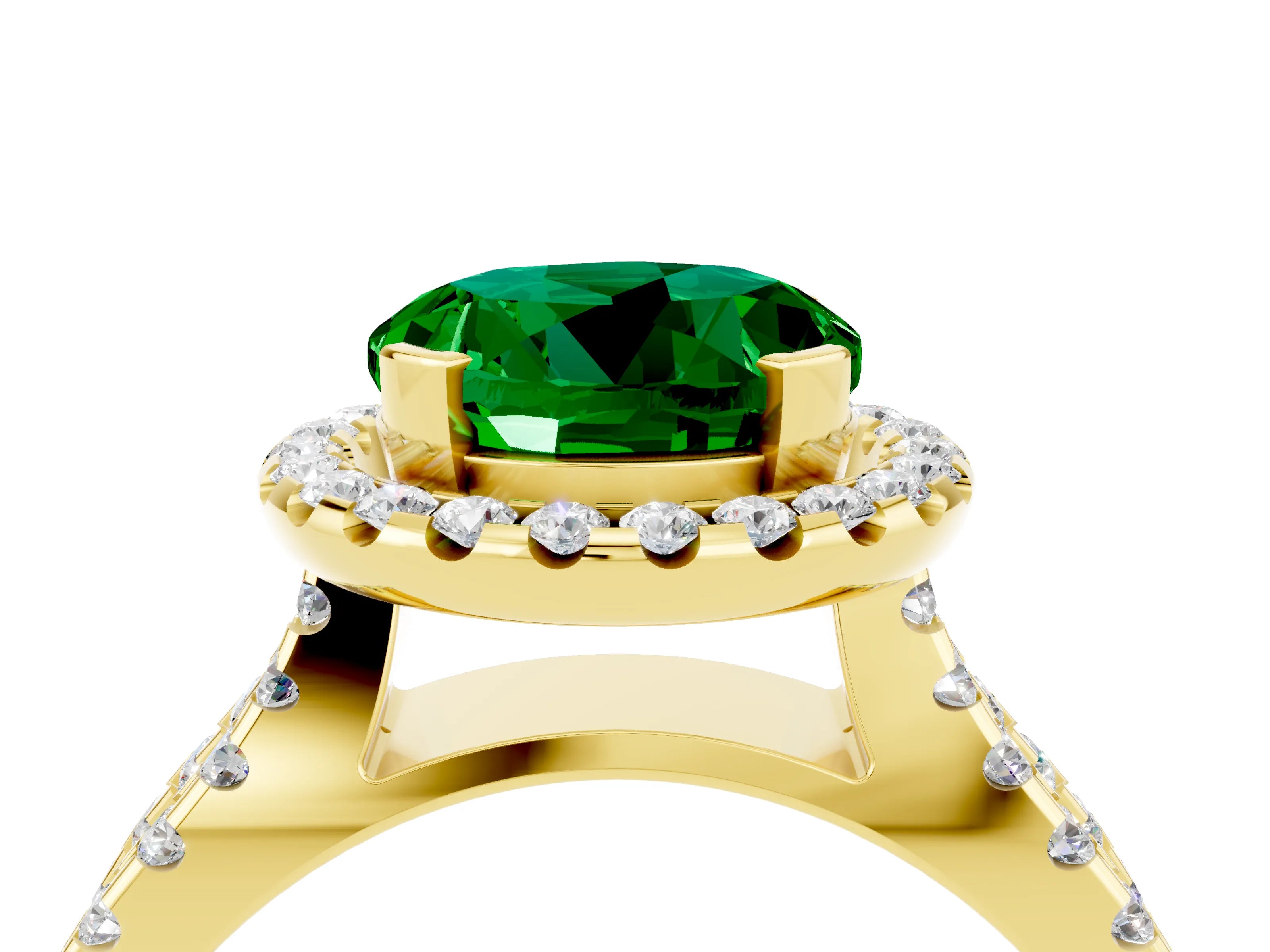 Yellow gold Round Cut Emerald Halo Ring with Split Shank Pavé Band and Prong Setting_4