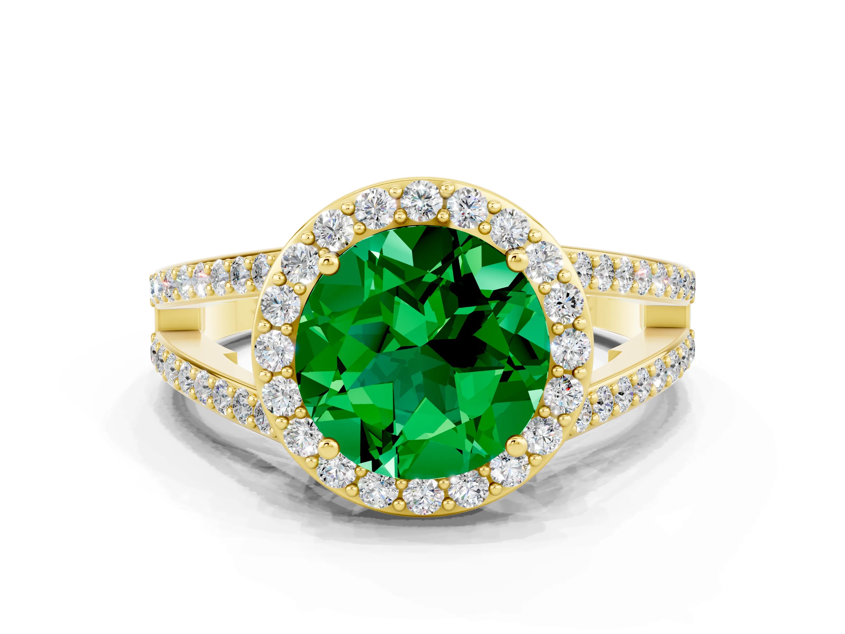Yellow gold Round Cut Emerald Halo Ring with Split Shank U-Prong Band and Four-Prong Setting