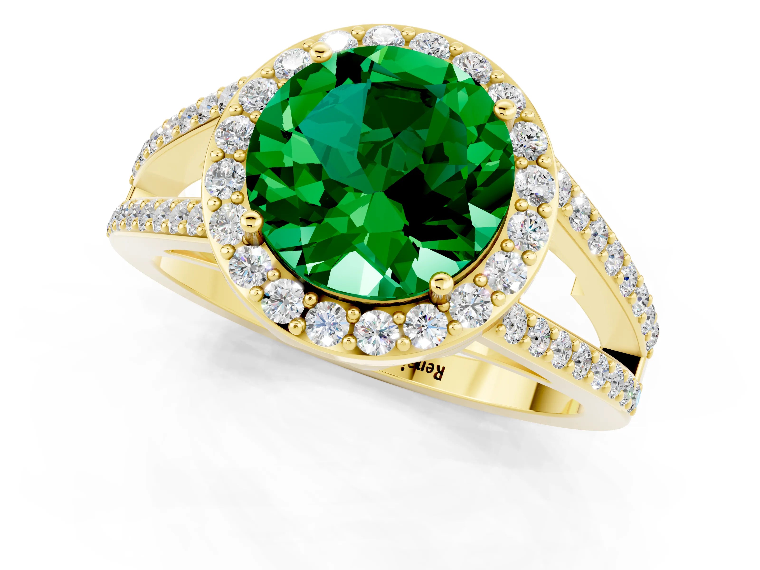 Yellow gold Round Cut Emerald Halo Ring with Split Shank U-Prong Band and Four-Prong Setting_1