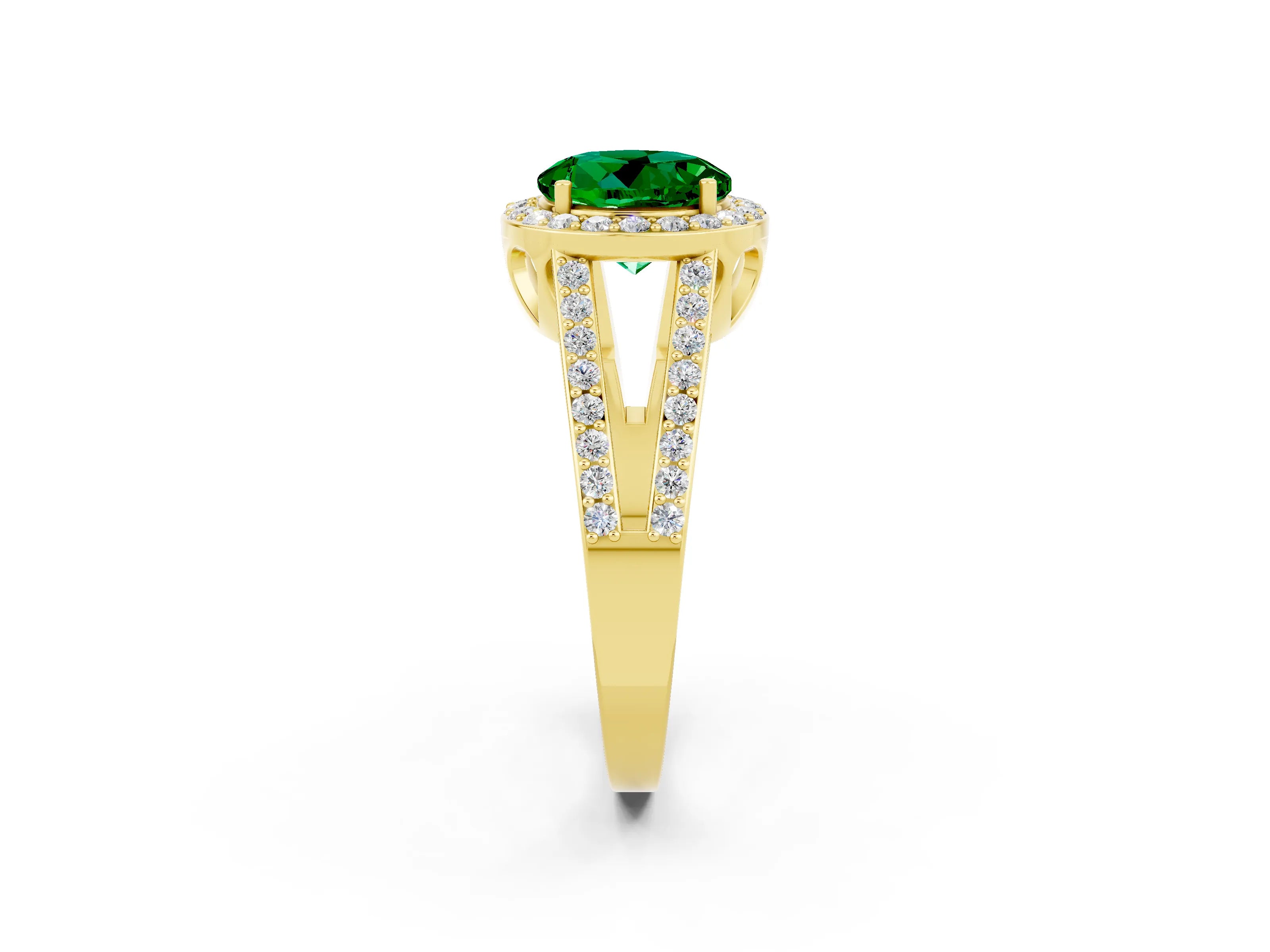 Yellow gold Round Cut Emerald Halo Ring with Split Shank U-Prong Band and Four-Prong Setting_2