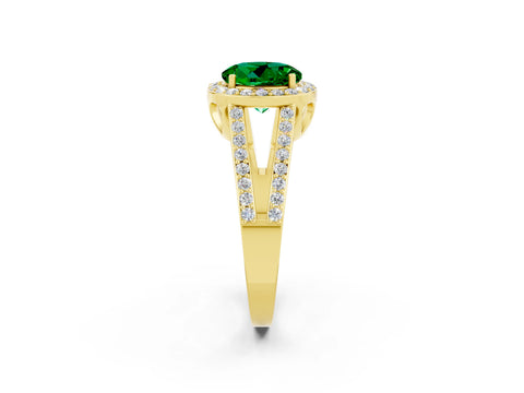 Yellow gold Round Cut Emerald Halo Ring with Split Shank U-Prong Band and Four-Prong Setting_2