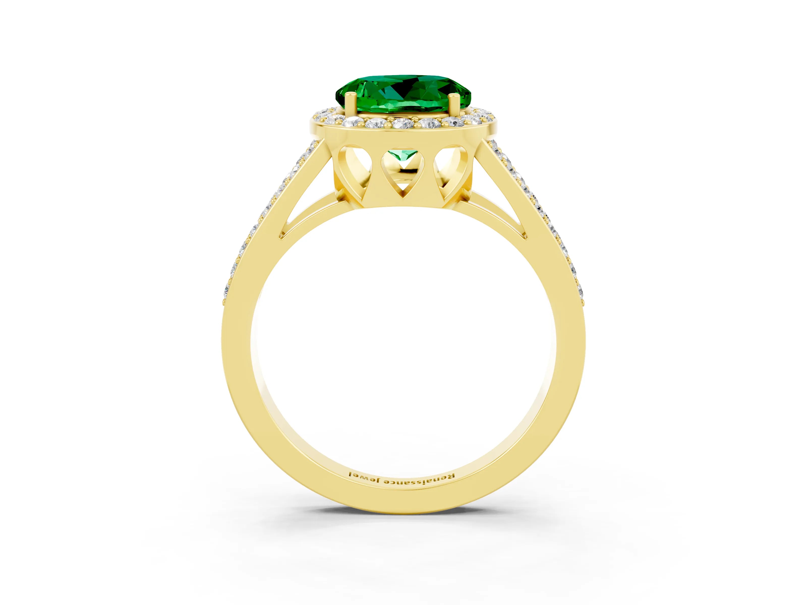 Yellow gold Round Cut Emerald Halo Ring with Split Shank U-Prong Band and Four-Prong Setting_3