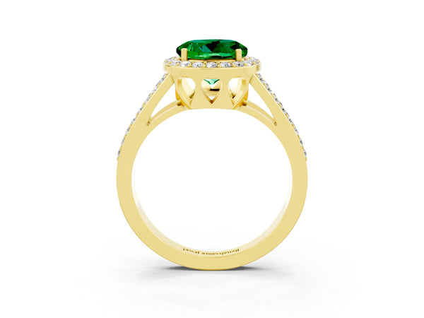 Yellow gold Round Cut Emerald Halo Ring with Split Shank U-Prong Band and Four-Prong Setting