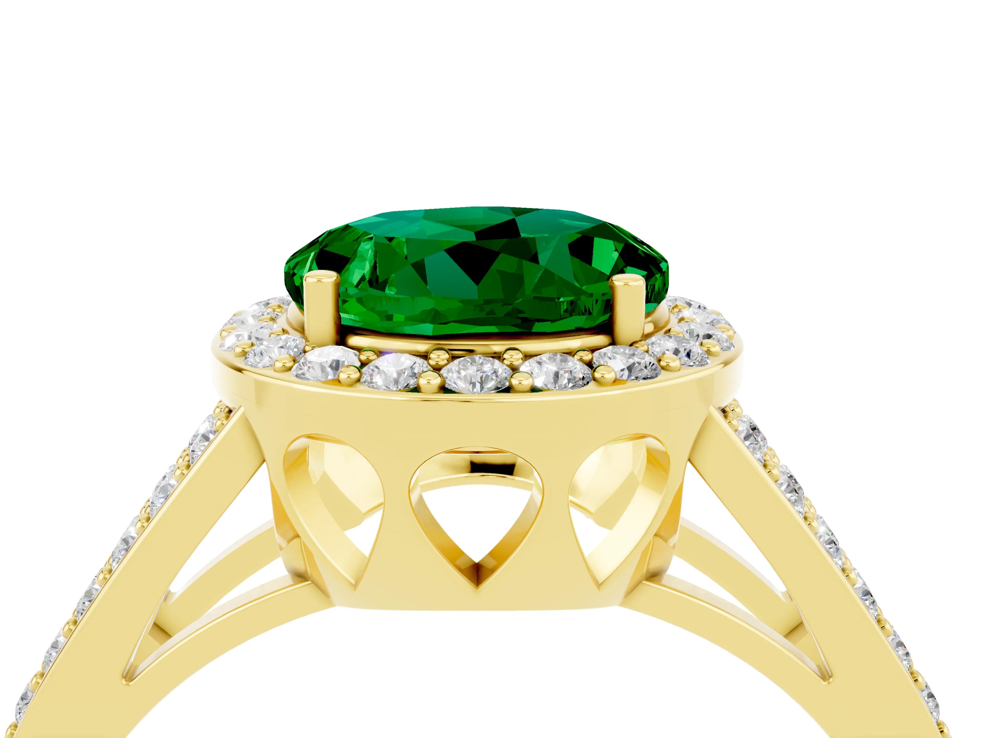 Yellow gold Round Cut Emerald Halo Ring with Split Shank U-Prong Band and Four-Prong Setting_4