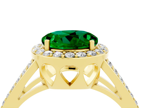 Yellow gold Round Cut Emerald Halo Ring with Split Shank U-Prong Band and Four-Prong Setting_4