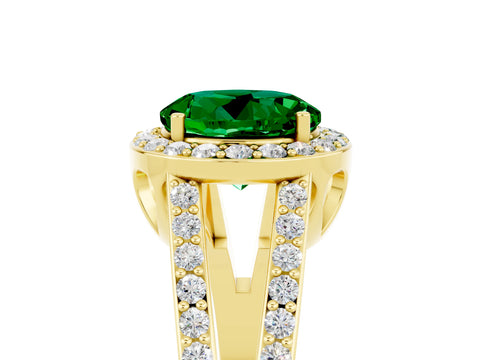 Yellow gold Round Cut Emerald Halo Ring with Split Shank U-Prong Band and Four-Prong Setting_5