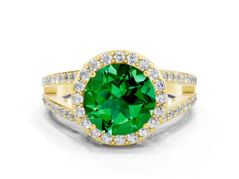 Yellow gold Round Cut Emerald Halo Ring with Split Shank U-Prong Band and Four-Prong Setting