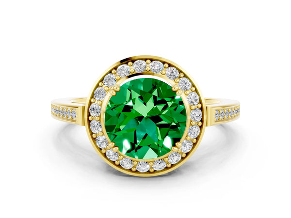 Yellow gold Round Cut Emerald Halo Ring with Split Shank and Four-Prong Setting