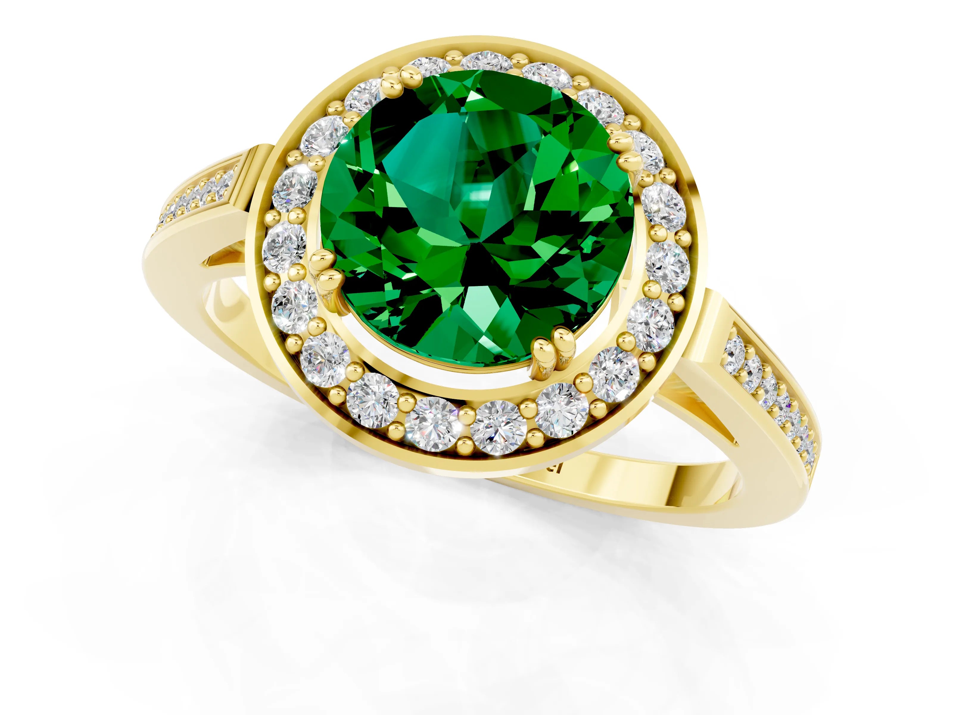 Yellow gold Round Cut Emerald Halo Ring with Split Shank and Four-Prong Setting_1