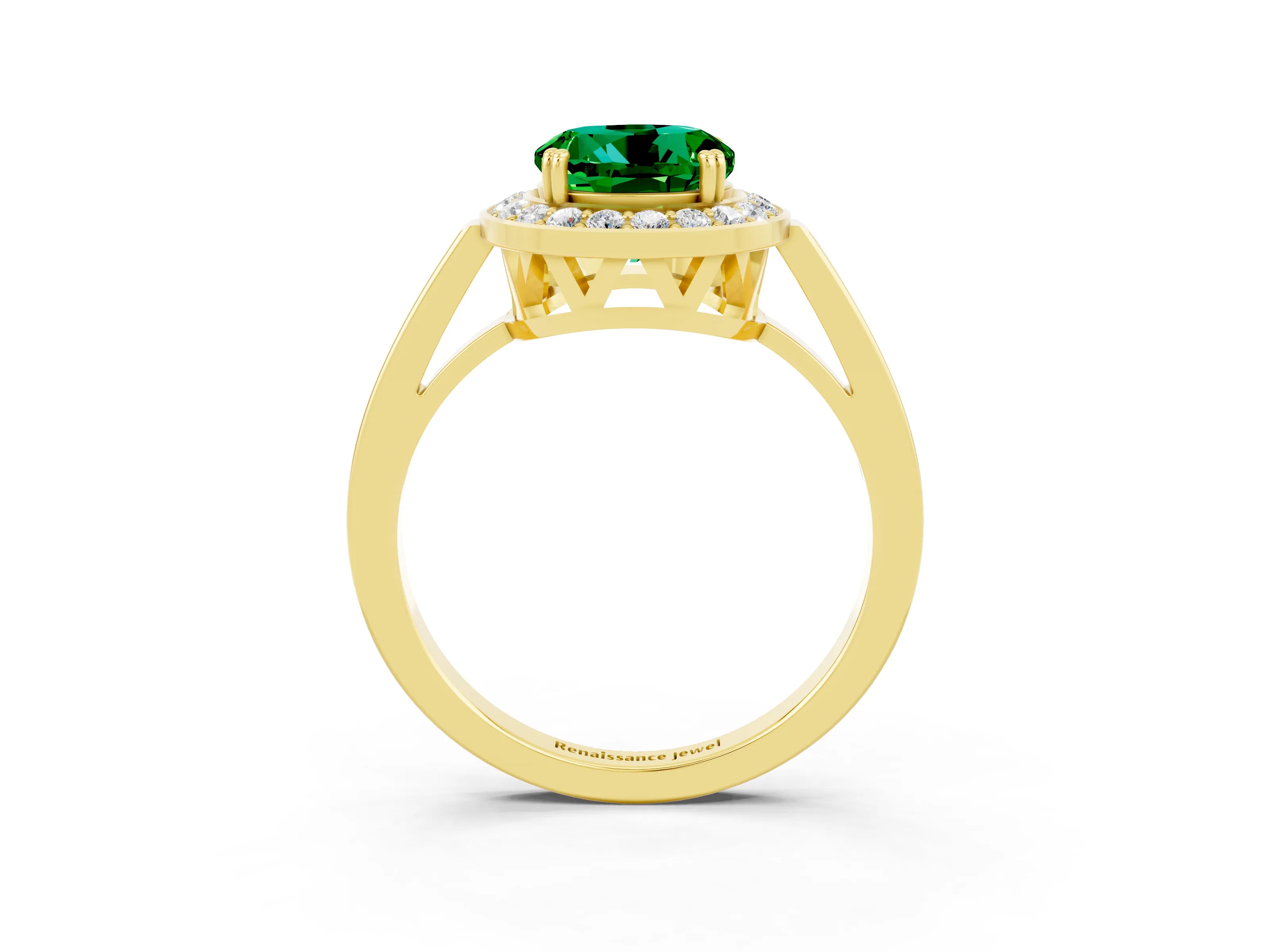 Yellow gold Round Cut Emerald Halo Ring with Split Shank and Four-Prong Setting_3