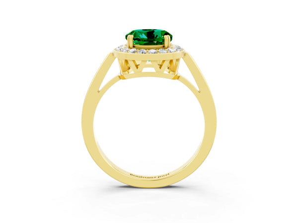 Yellow gold Round Cut Emerald Halo Ring with Split Shank and Four-Prong Setting