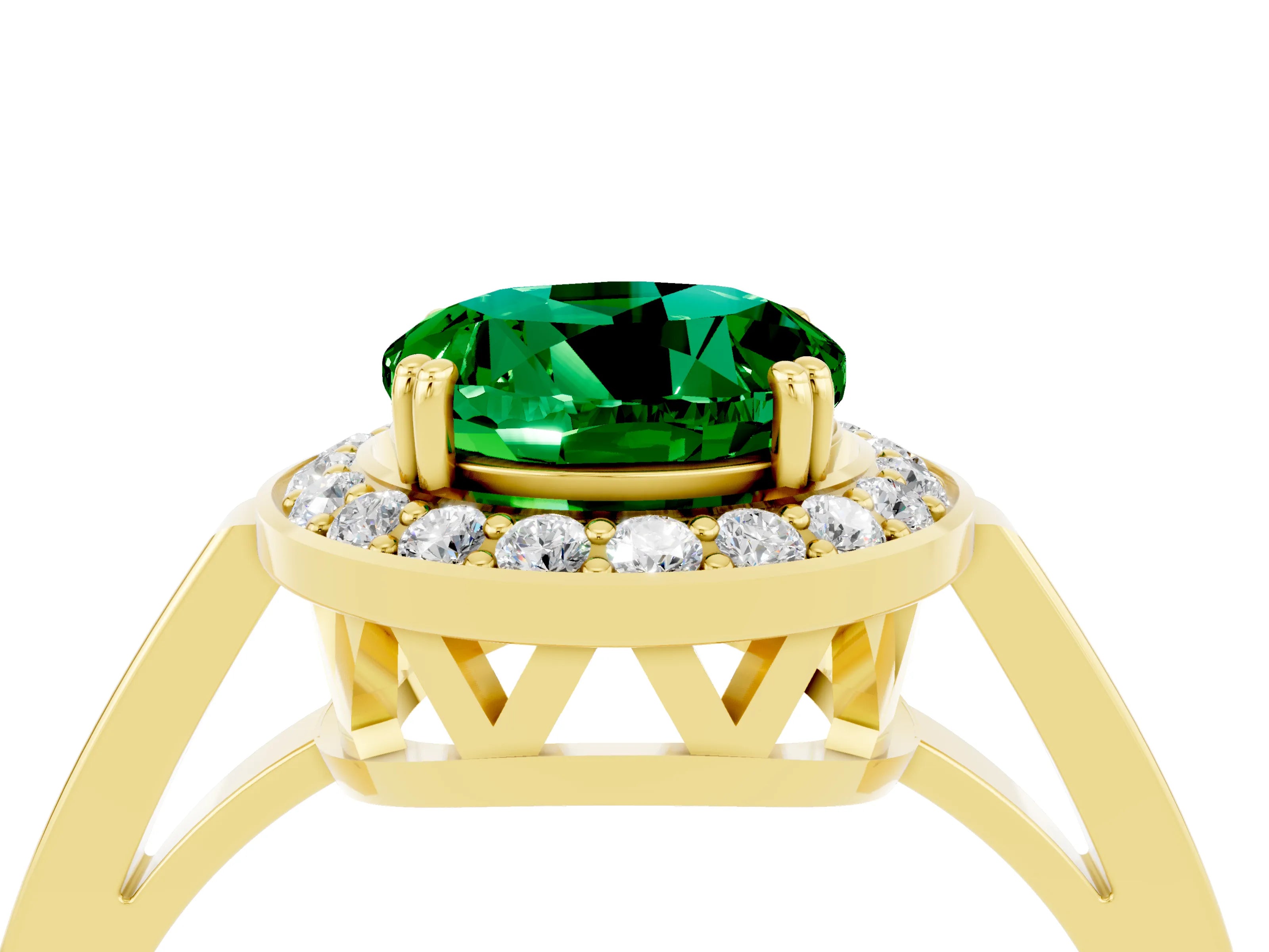 Yellow gold Round Cut Emerald Halo Ring with Split Shank and Four-Prong Setting_4
