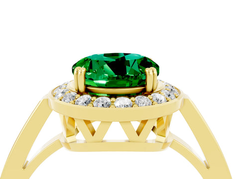 Yellow gold Round Cut Emerald Halo Ring with Split Shank and Four-Prong Setting_4