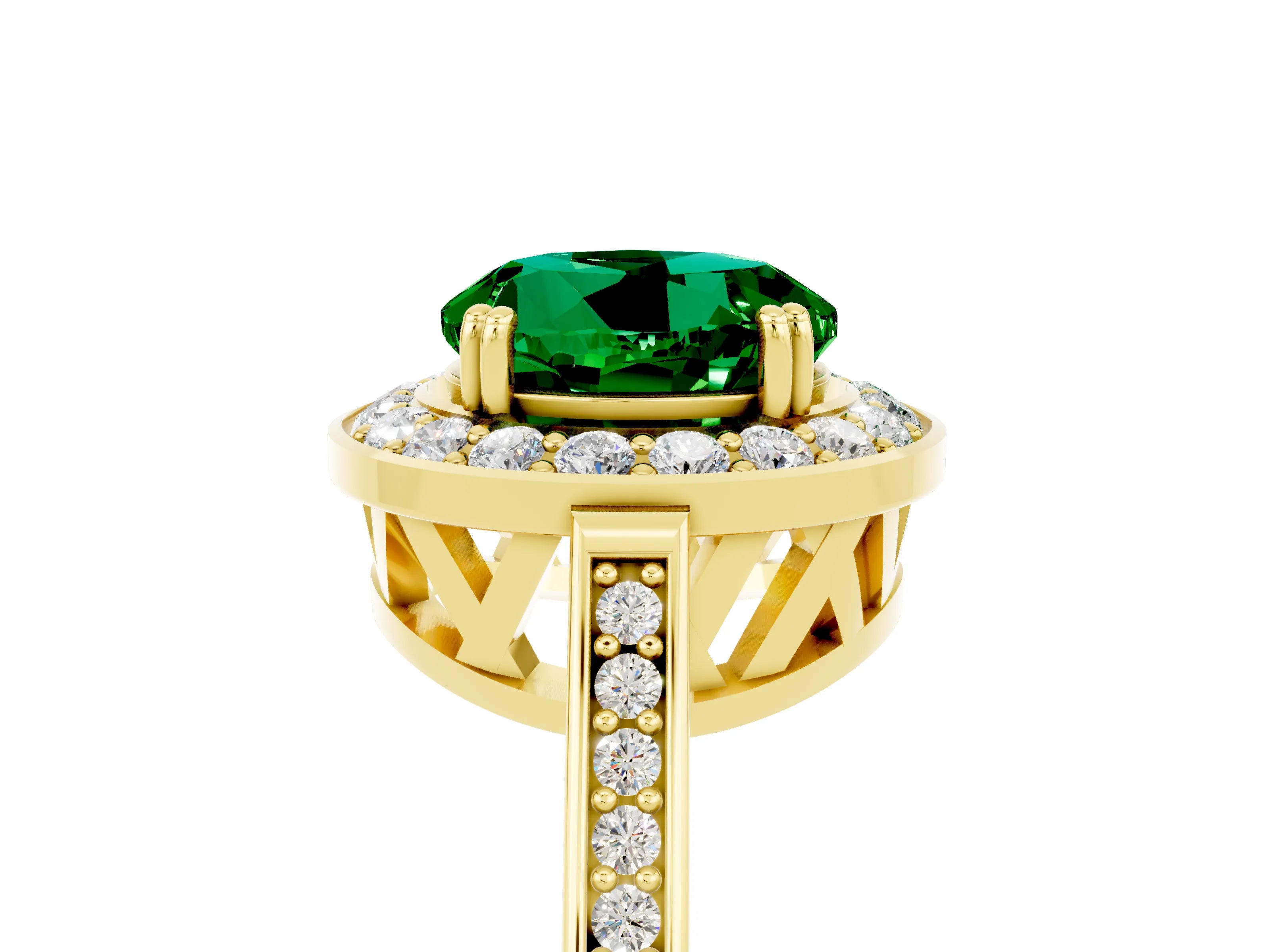 Yellow gold Round Cut Emerald Halo Ring with Split Shank and Four-Prong Setting_5