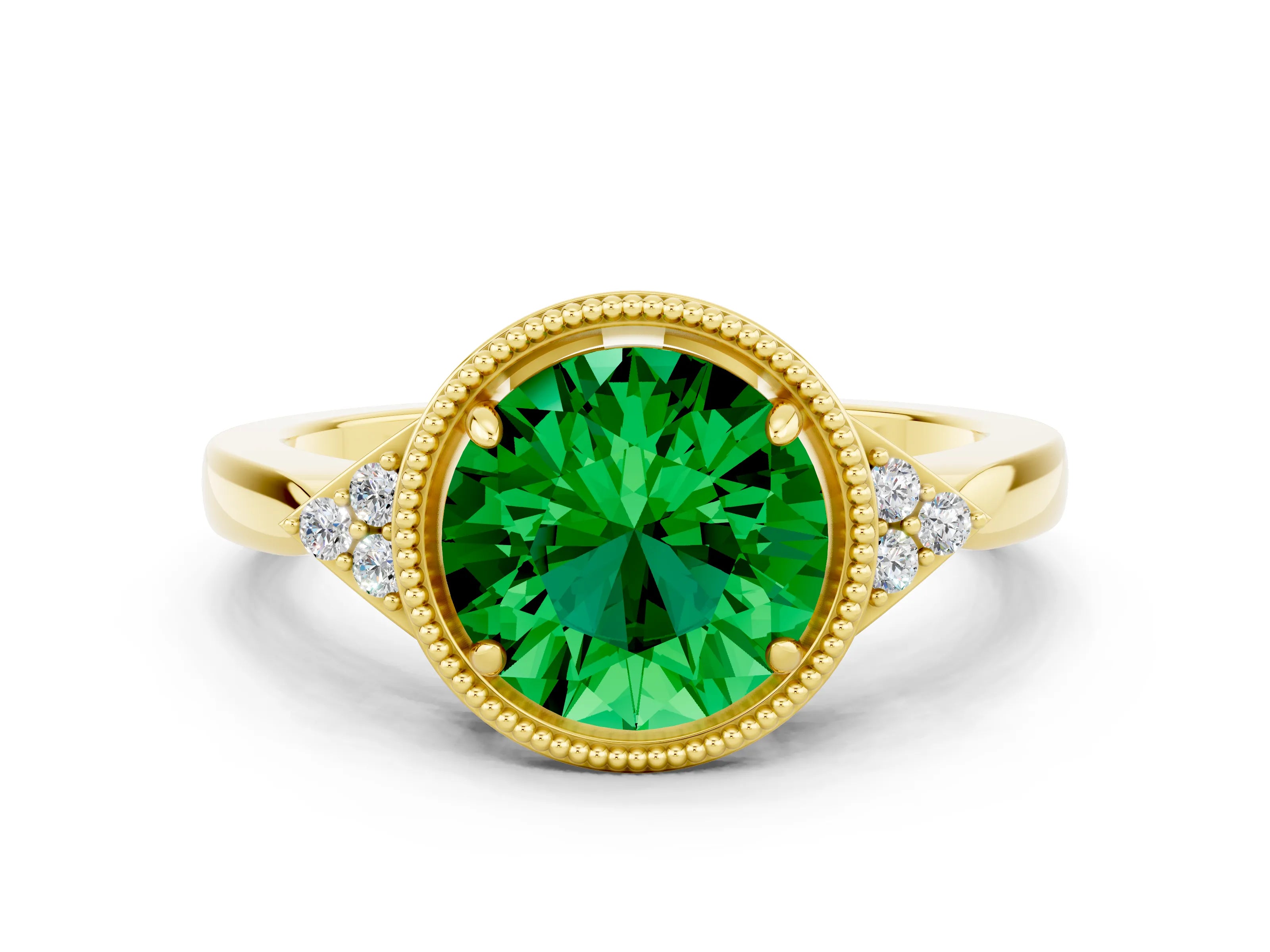 Yellow gold Round Cut Emerald Halo Ring with Tapered Band and Four-Prong Setting