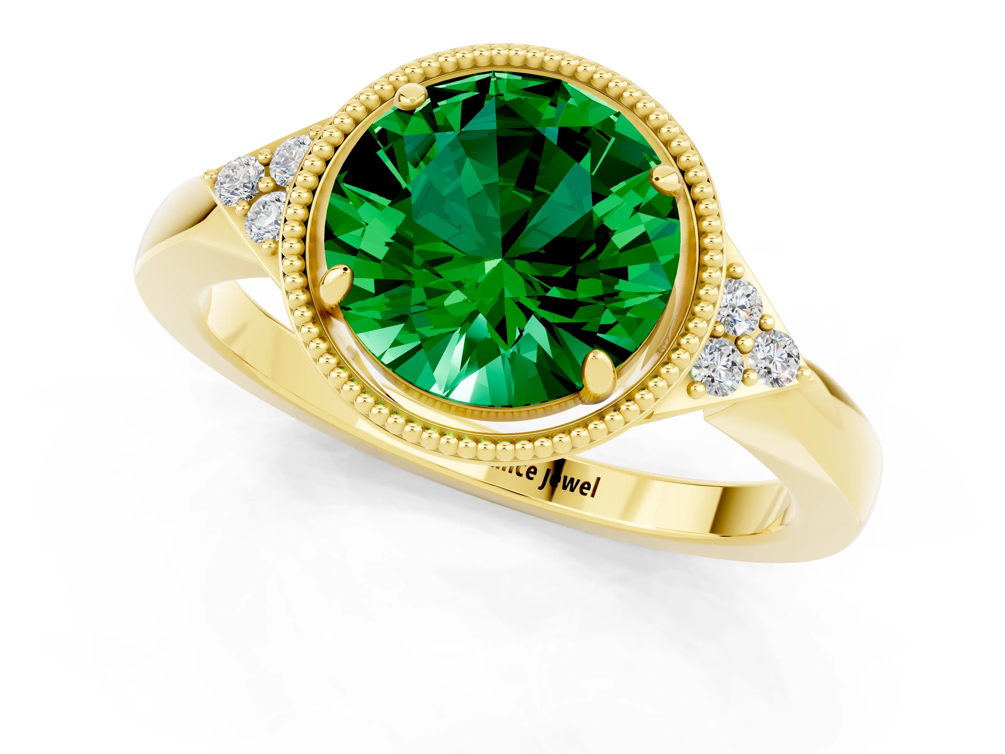 Yellow gold Round Cut Emerald Halo Ring with Tapered Band and Four-Prong Setting_1