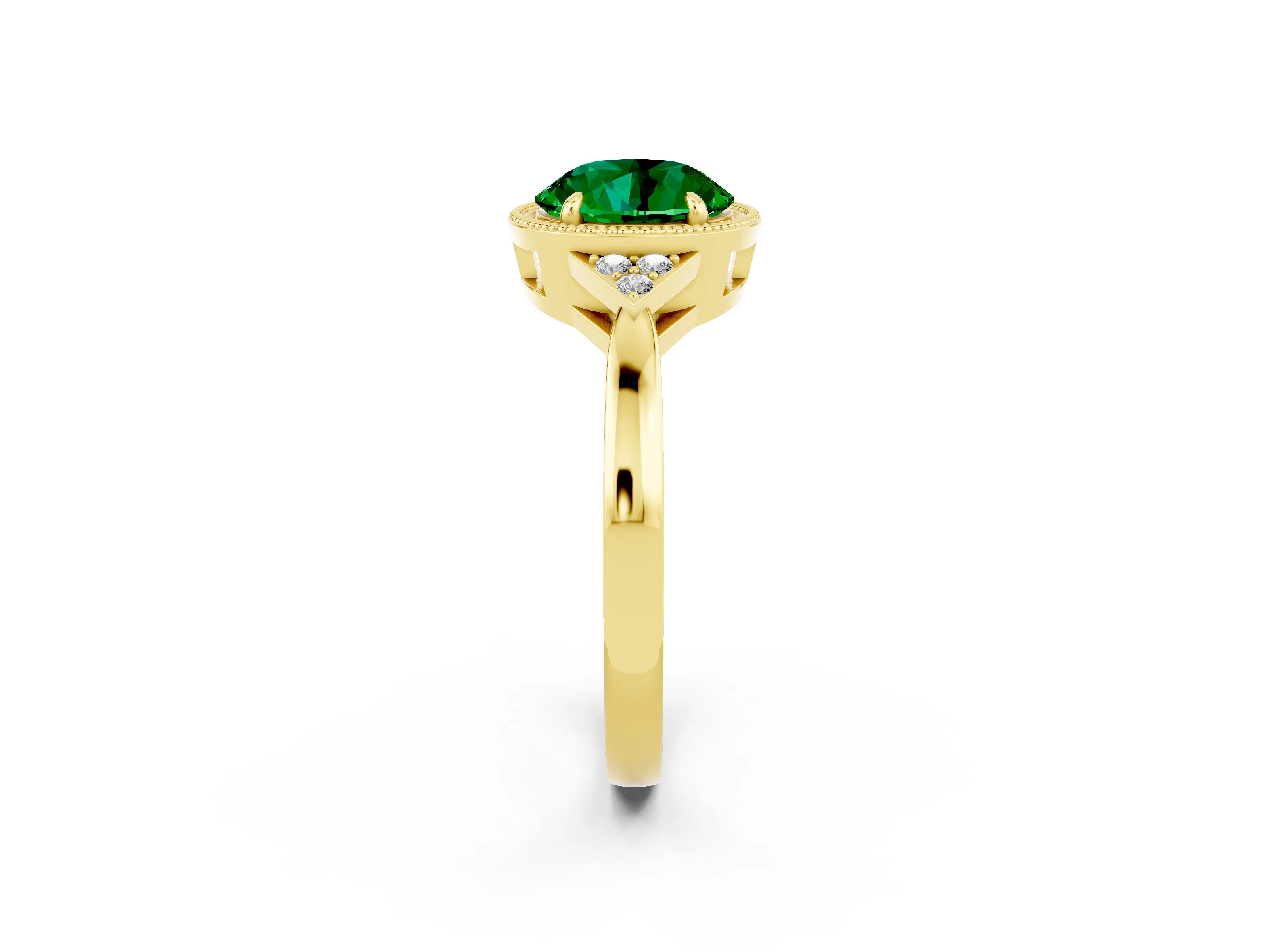 Yellow gold Round Cut Emerald Halo Ring with Tapered Band and Four-Prong Setting_2