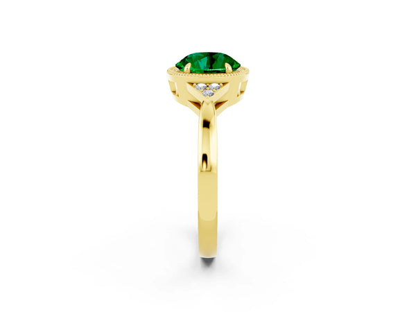 Yellow gold Round Cut Emerald Halo Ring with Tapered Band and Four-Prong Setting