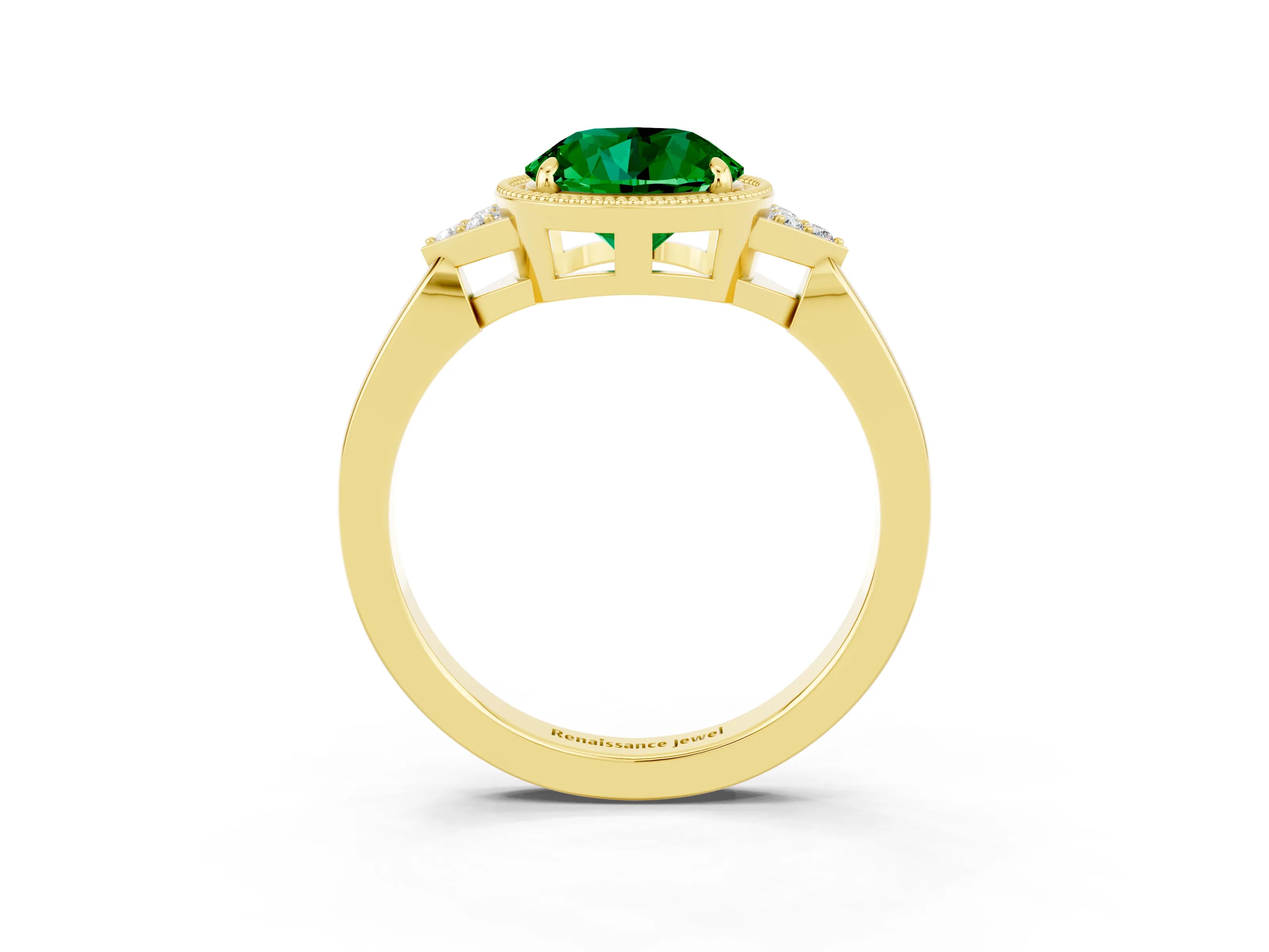 Yellow gold Round Cut Emerald Halo Ring with Tapered Band and Four-Prong Setting_3