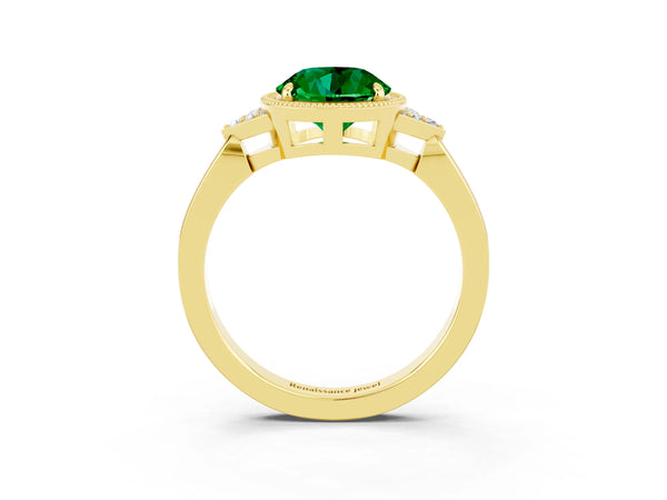 Yellow gold Round Cut Emerald Halo Ring with Tapered Band and Four-Prong Setting